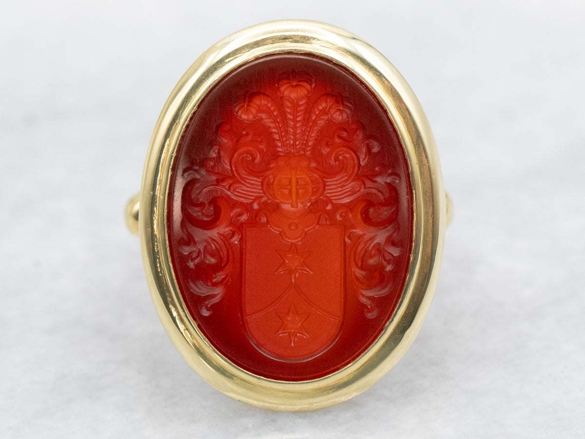 Vintage Green Gold Family Crest Carnelian Intaglio Ring