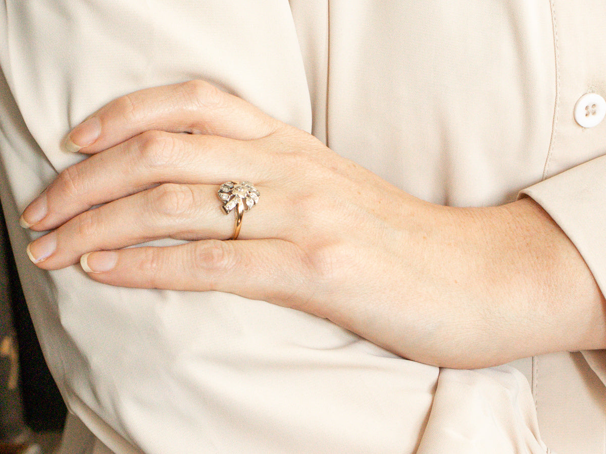 Retro Two Tone Floral Diamond Cocktail Ring