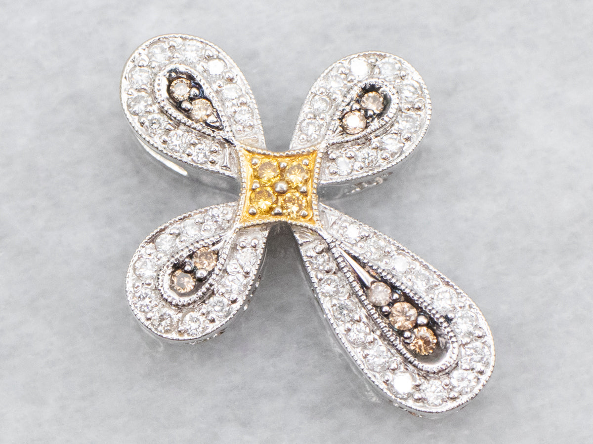 Two Tone White, Brown, and Yellow Diamond Rounded Cross Pendant
