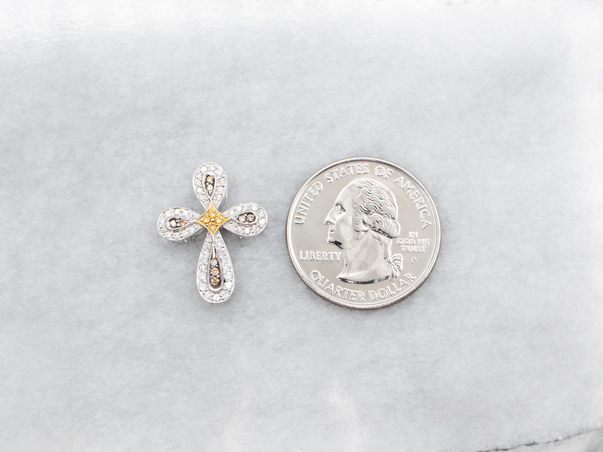 Two Tone White, Brown, and Yellow Diamond Rounded Cross Pendant