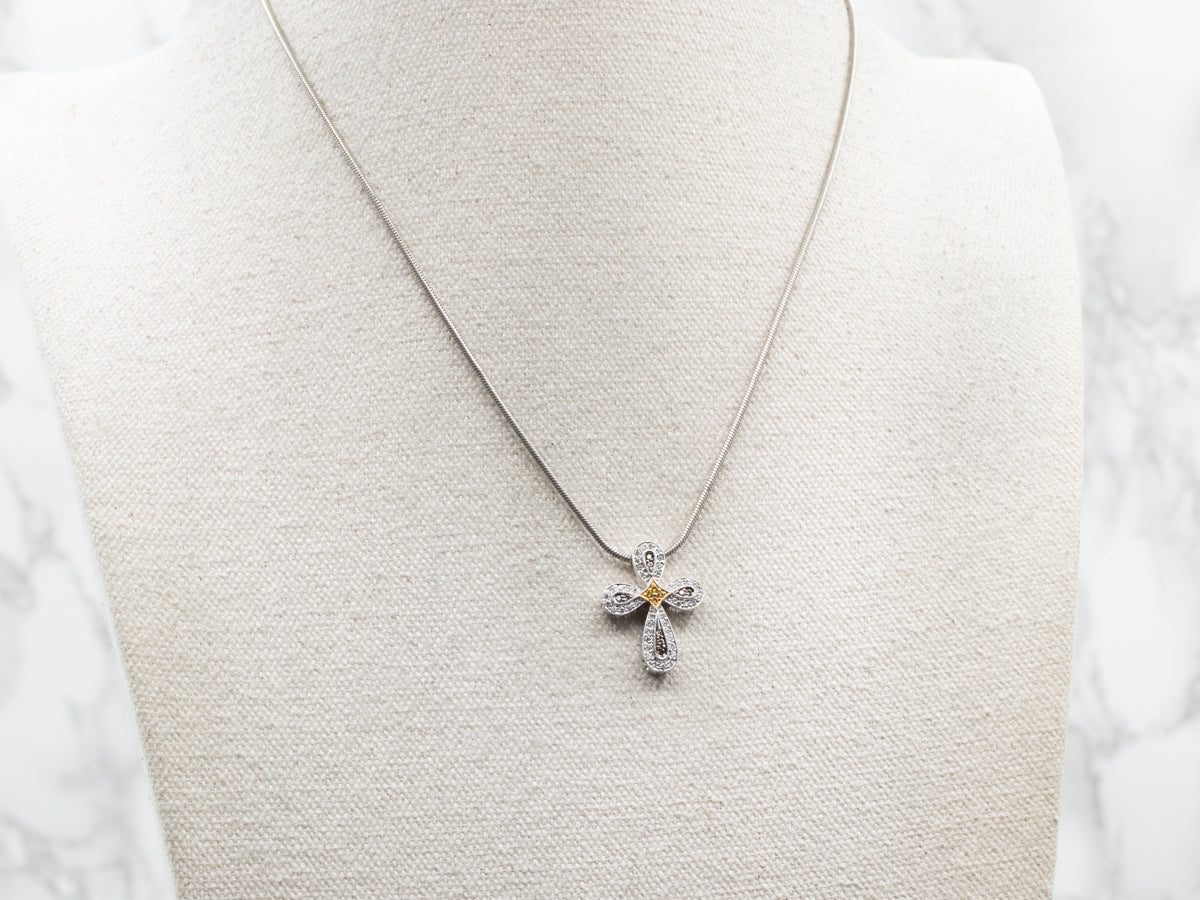 Two Tone White, Brown, and Yellow Diamond Rounded Cross Pendant