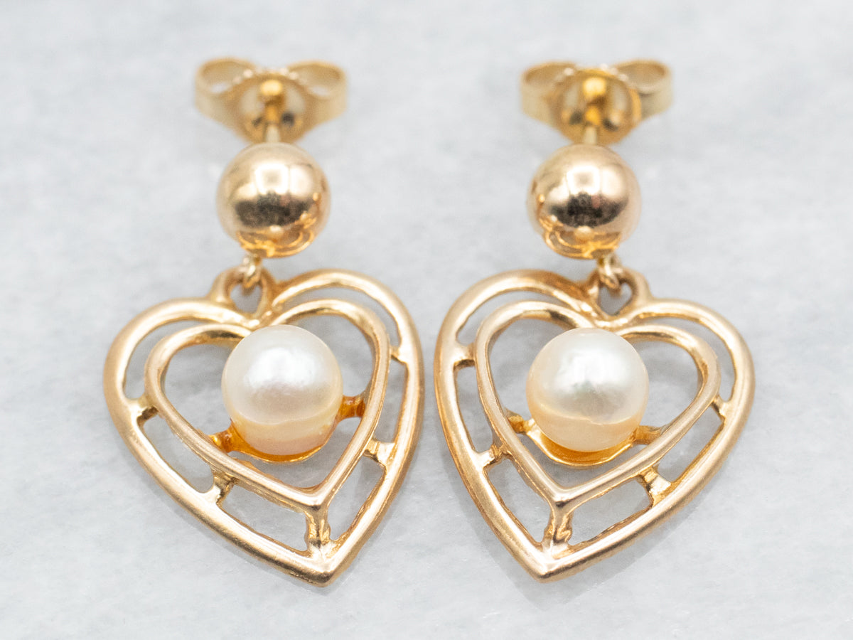 Polished Gold Heart and Pearl Drop Earrings