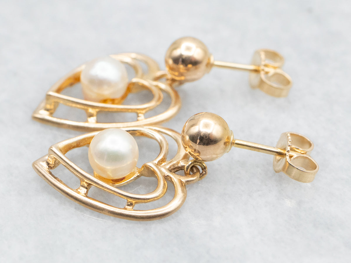 Polished Gold Heart and Pearl Drop Earrings