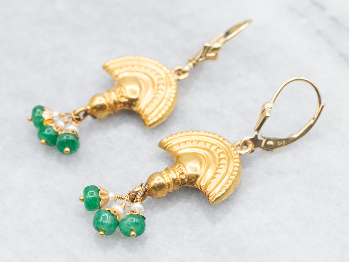 Yellow Gold Drop Earrings with Emerald and Seed Pearl Accents