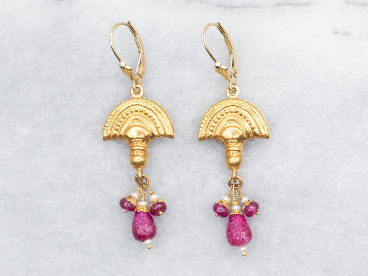 Yellow Gold Drop Earrings with Ruby and Seed Pearl Accents