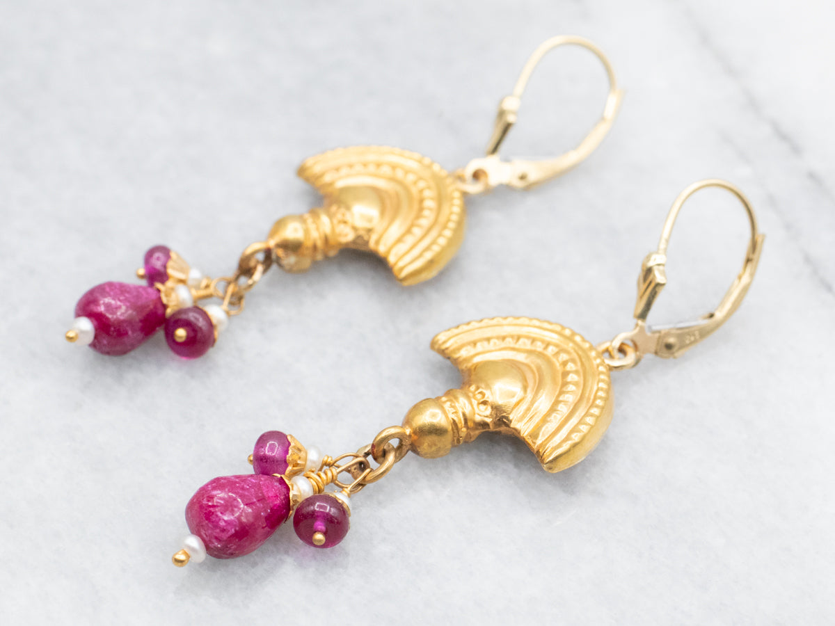 Yellow Gold Drop Earrings with Ruby and Seed Pearl Accents