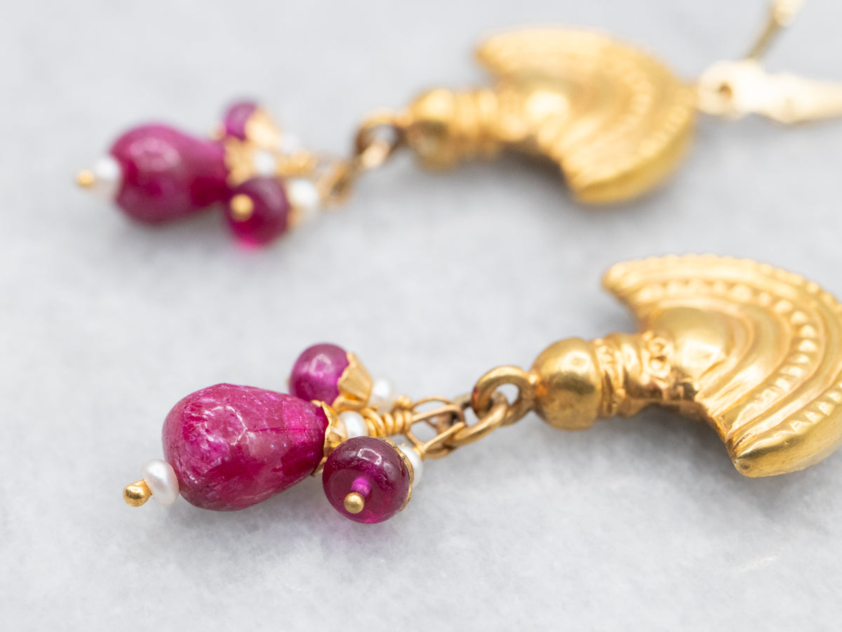 Yellow Gold Drop Earrings with Ruby and Seed Pearl Accents