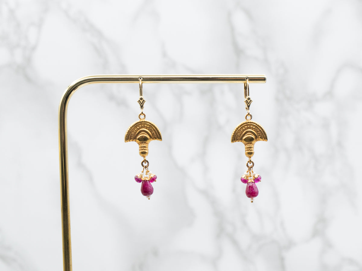 Yellow Gold Drop Earrings with Ruby and Seed Pearl Accents