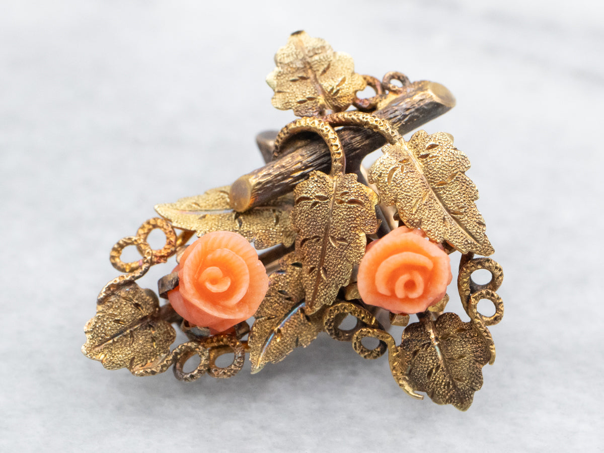 Art Nouveau Leaf and Coral Flower Earrings