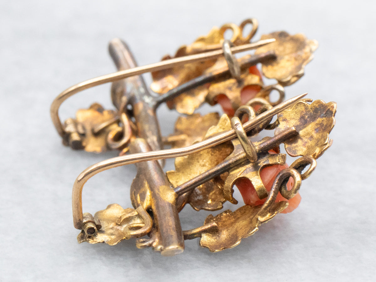 Art Nouveau Leaf and Coral Flower Earrings