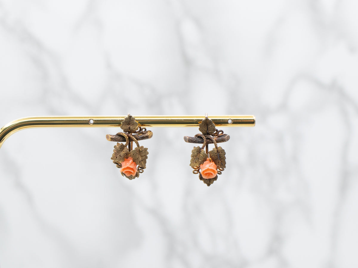 Art Nouveau Leaf and Coral Flower Earrings