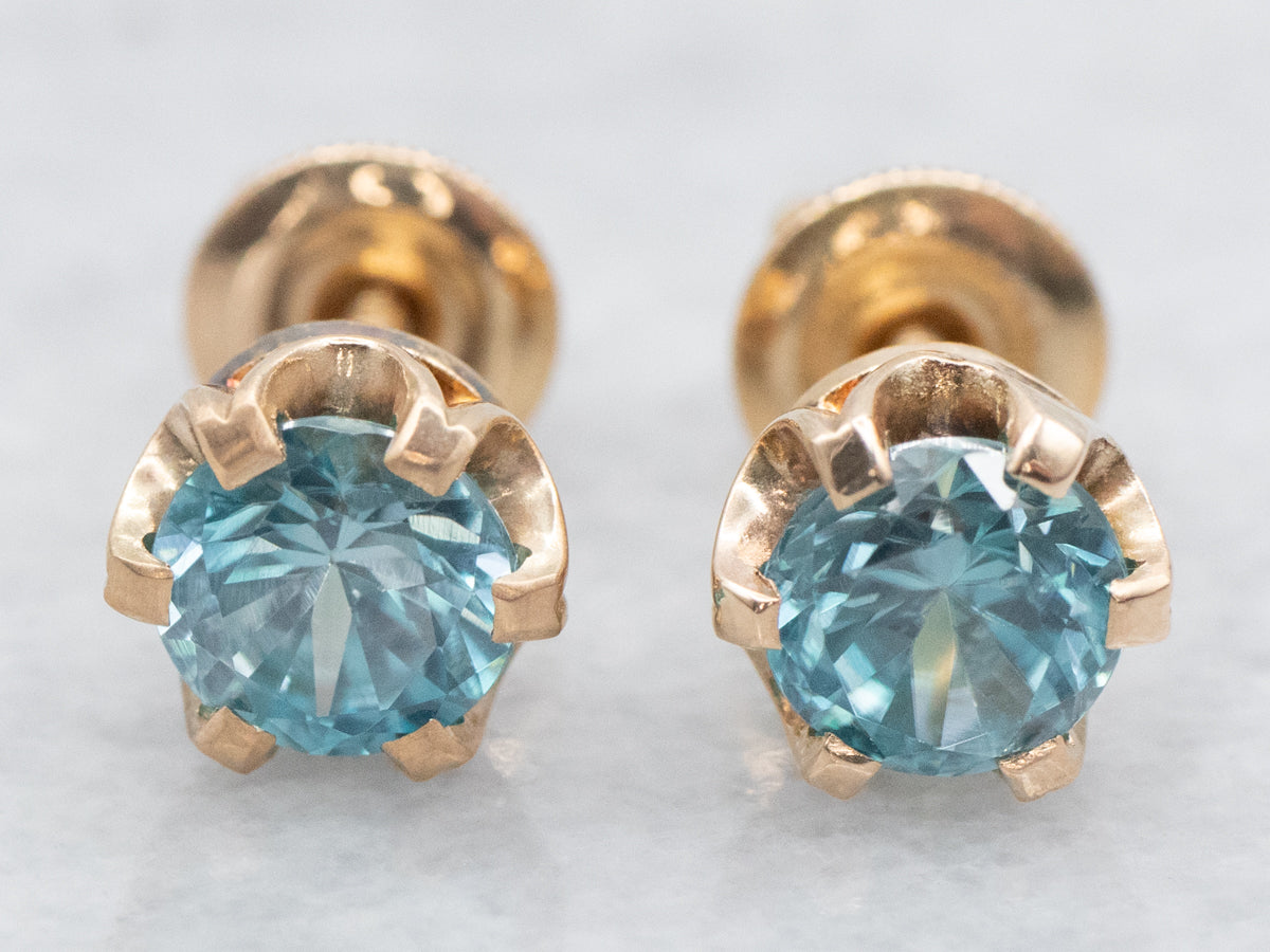 Screwback Blue Zircon Stud Earrings in Gold Buttercup Setting