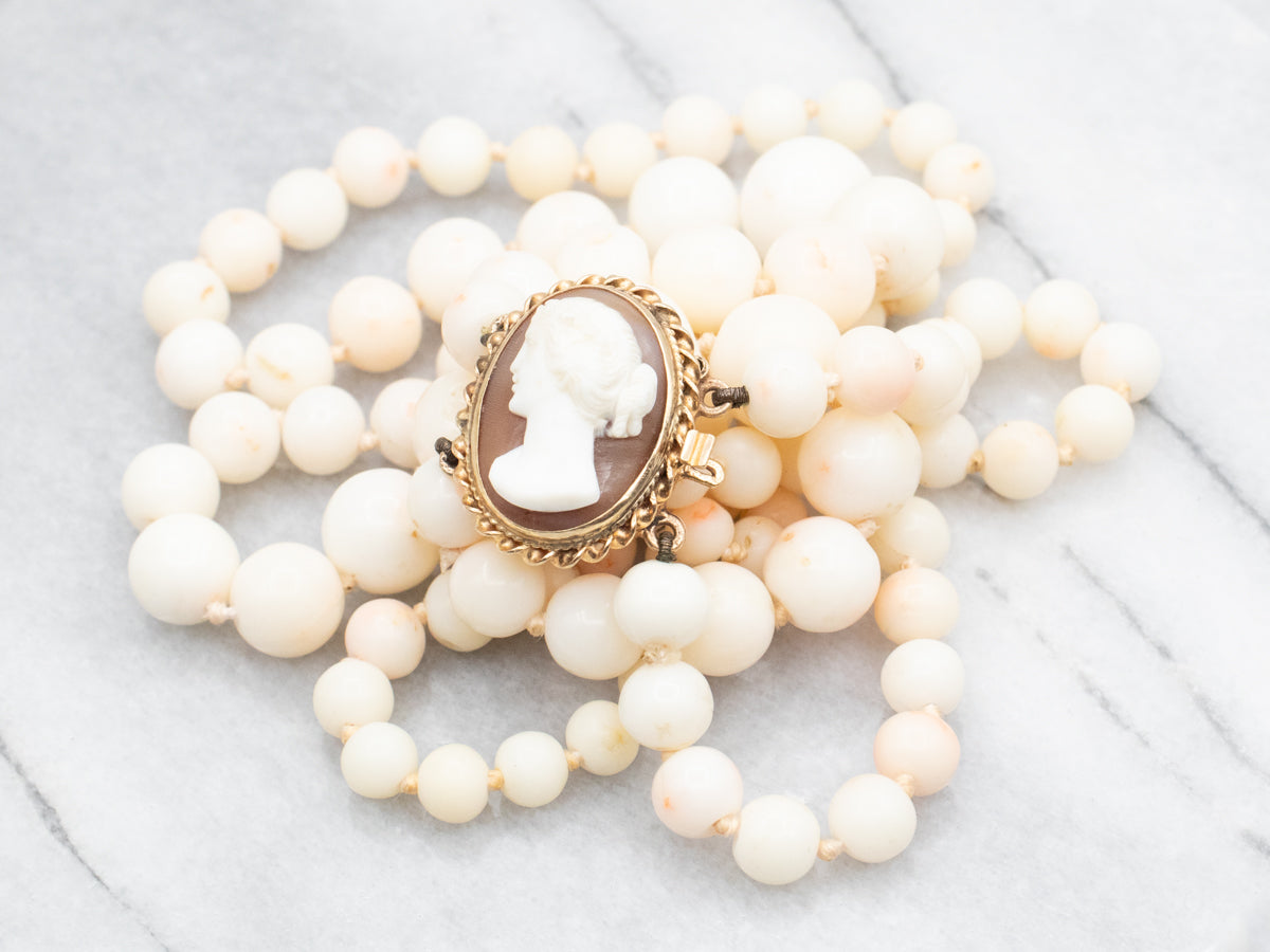 Double Strand White Coral Necklace with Cameo Clasp