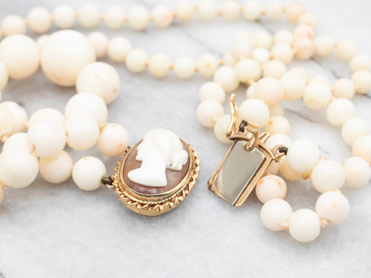 Double Strand White Coral Necklace with Cameo Clasp