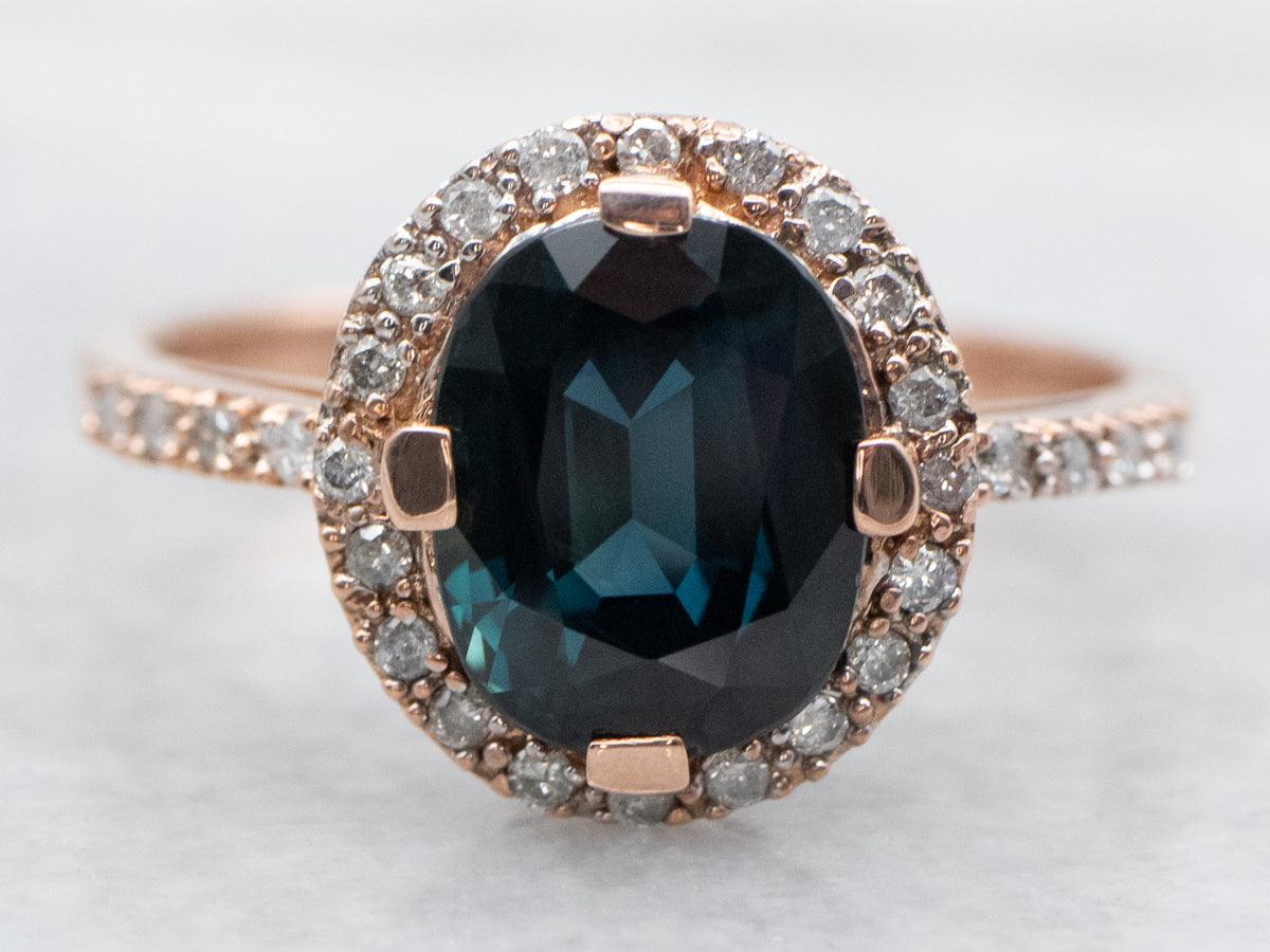 Rose Gold Sapphire and Diamond Halo Ring