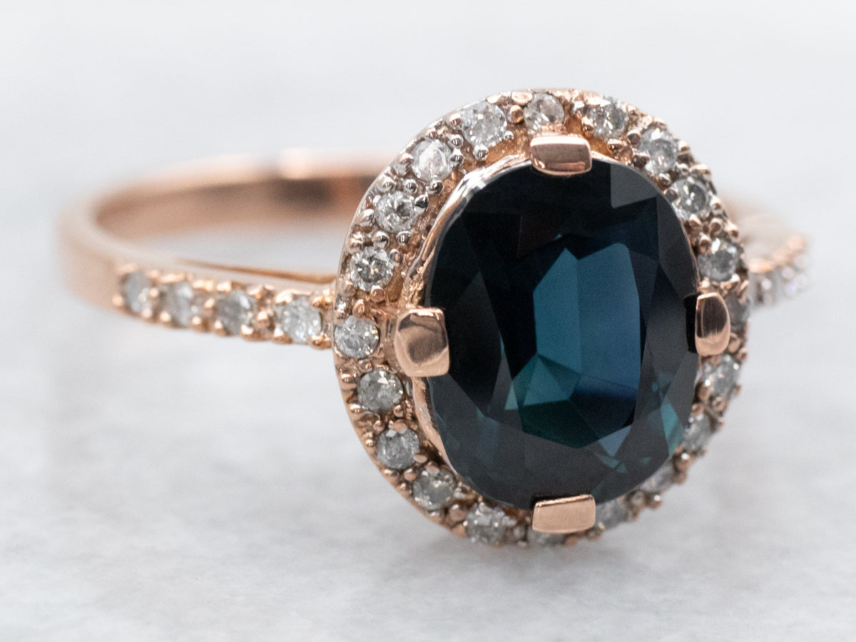 Rose Gold Sapphire and Diamond Halo Ring