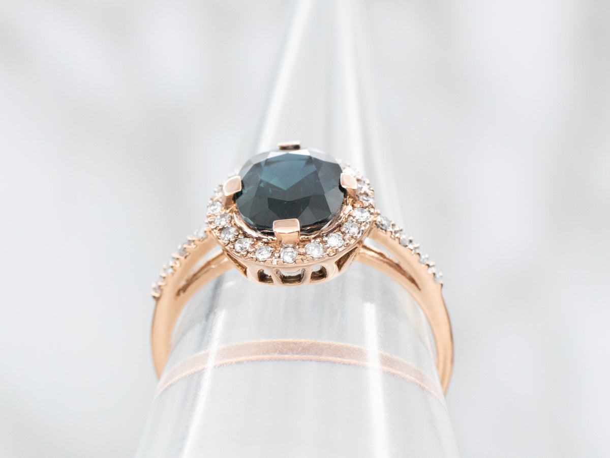 Rose Gold Sapphire and Diamond Halo Ring