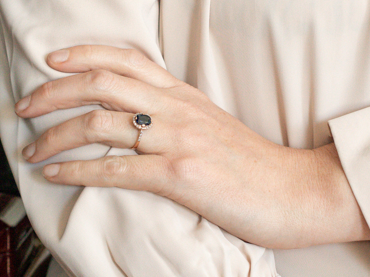 Rose Gold Sapphire and Diamond Halo Ring