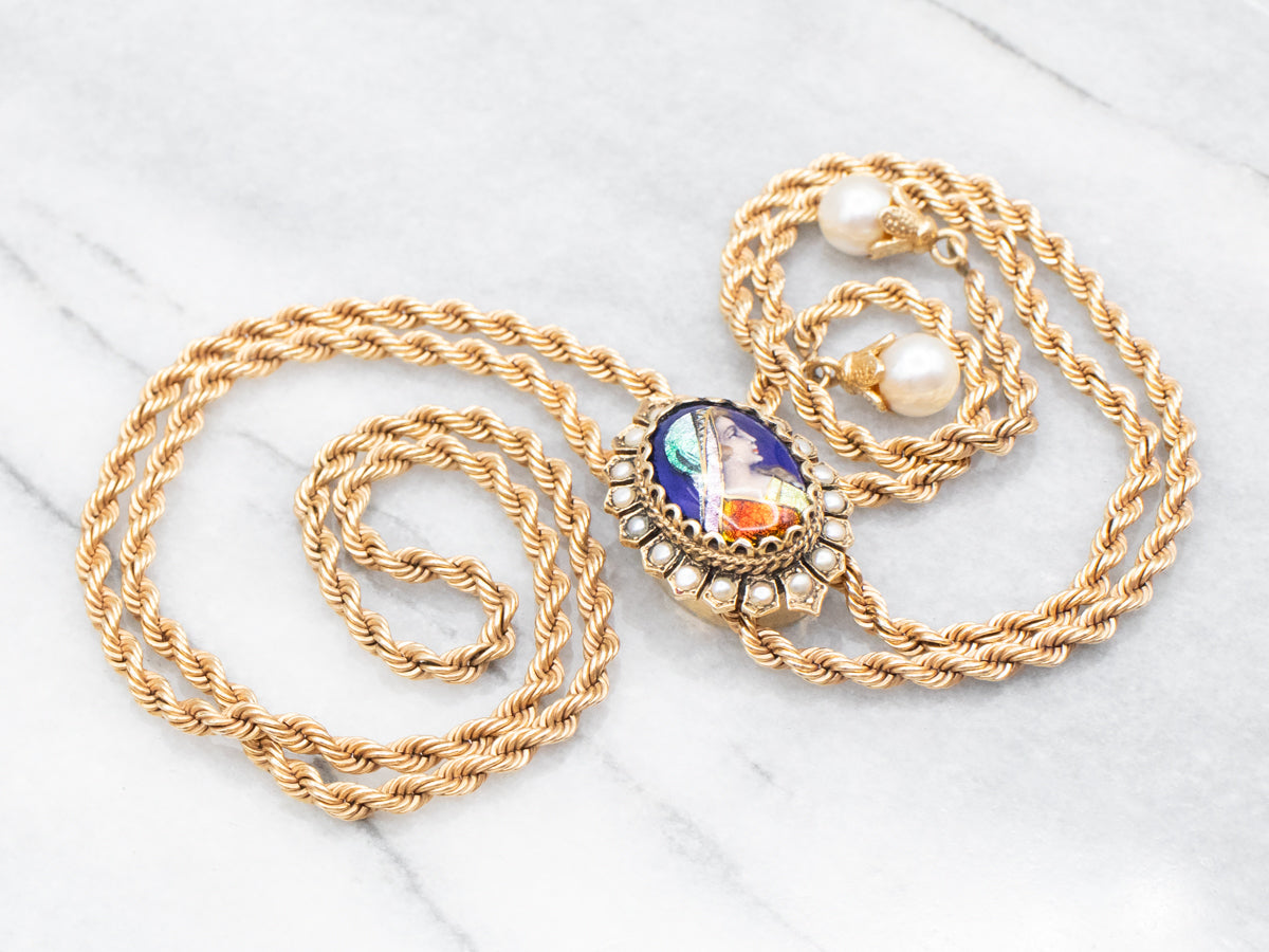 Exquisite Antique Enamel Porcelain Color Cameo and Pearl Lariat Necklace