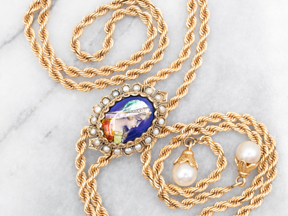 Exquisite Antique Enamel Porcelain Color Cameo and Pearl Lariat Necklace