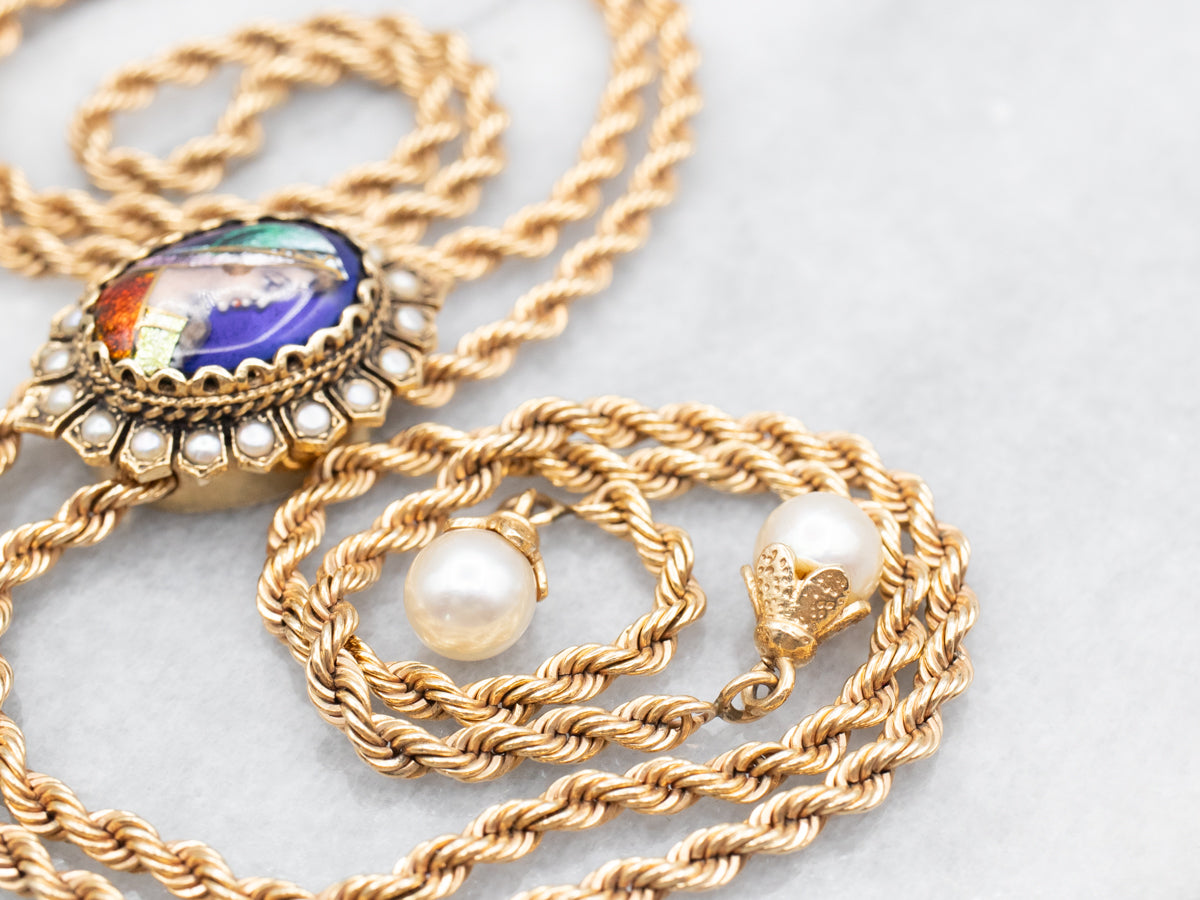 Exquisite Antique Enamel Porcelain Color Cameo and Pearl Lariat Necklace