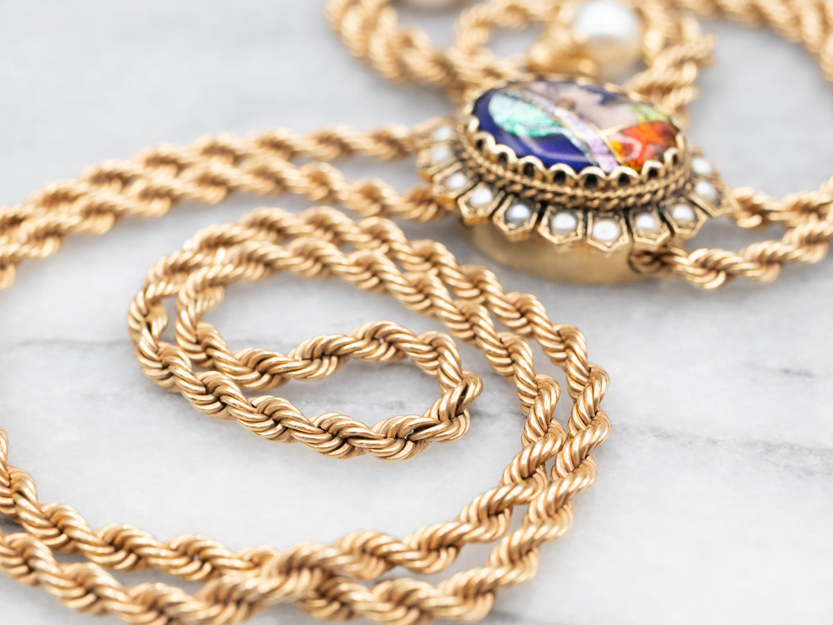 Exquisite Antique Enamel Porcelain Color Cameo and Pearl Lariat Necklace