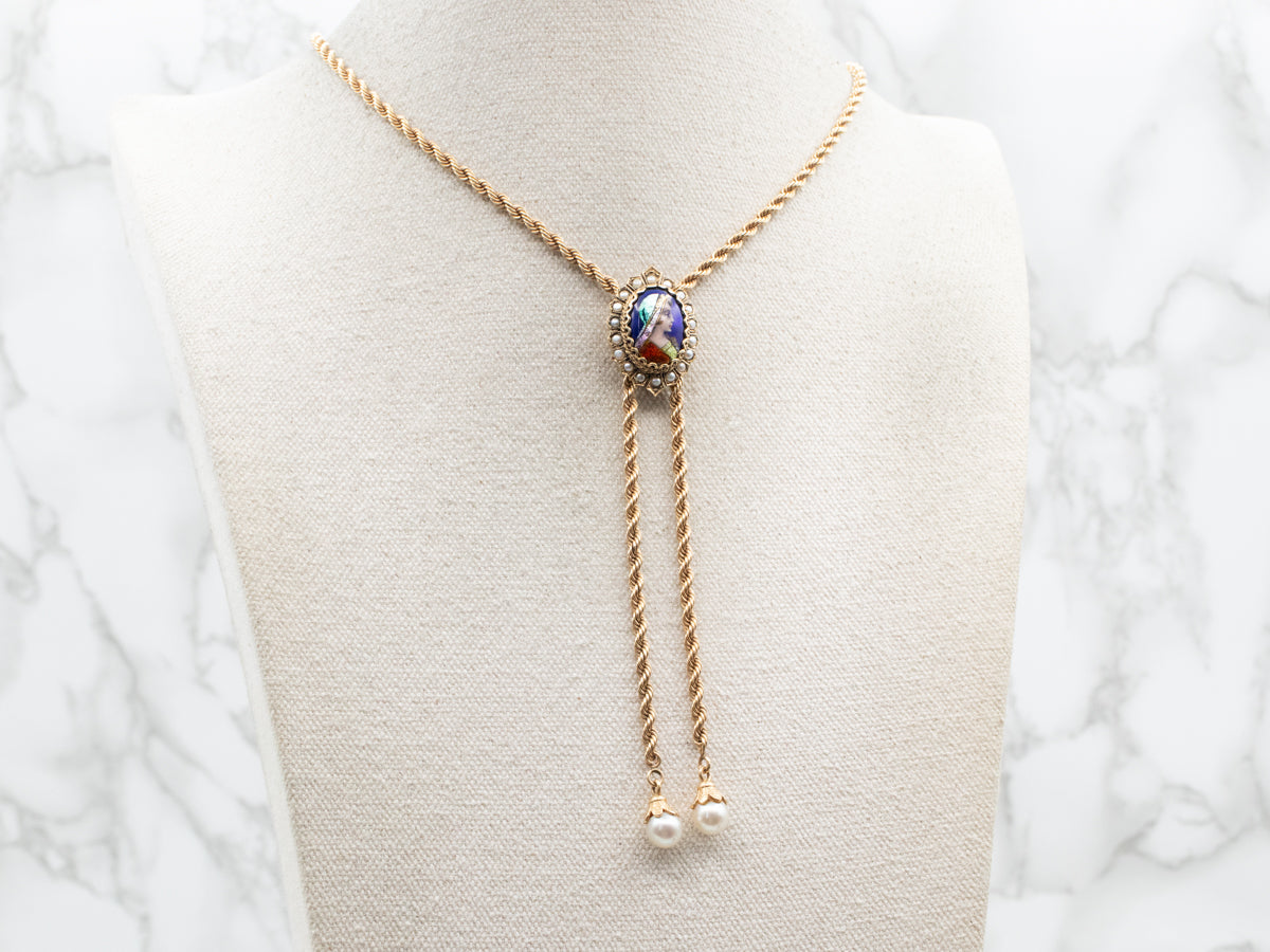 Exquisite Antique Enamel Porcelain Color Cameo and Pearl Lariat Necklace