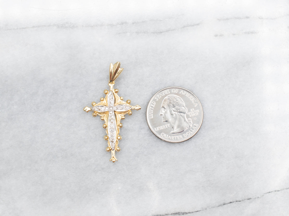 Two Tone Ornate Gold and Diamond Cross Pendant