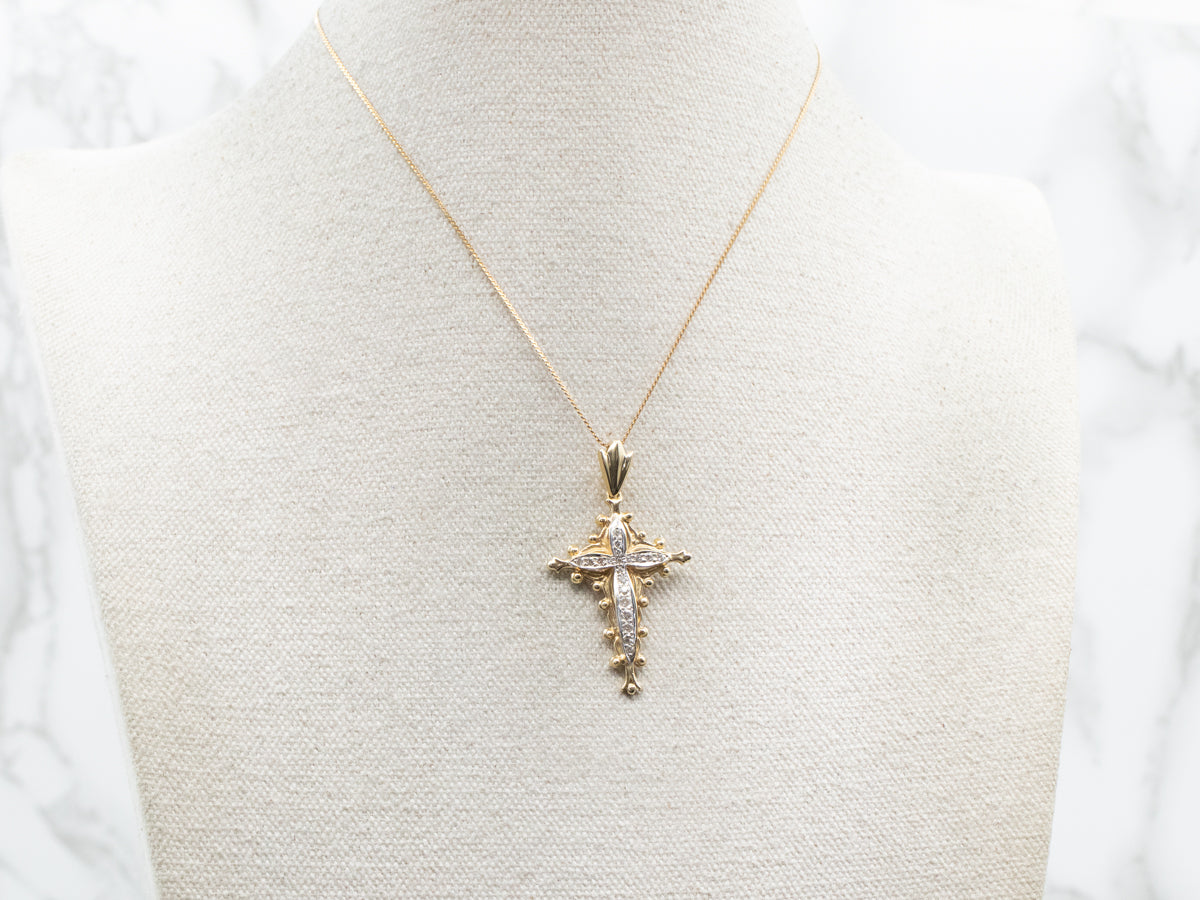 Two Tone Ornate Gold and Diamond Cross Pendant