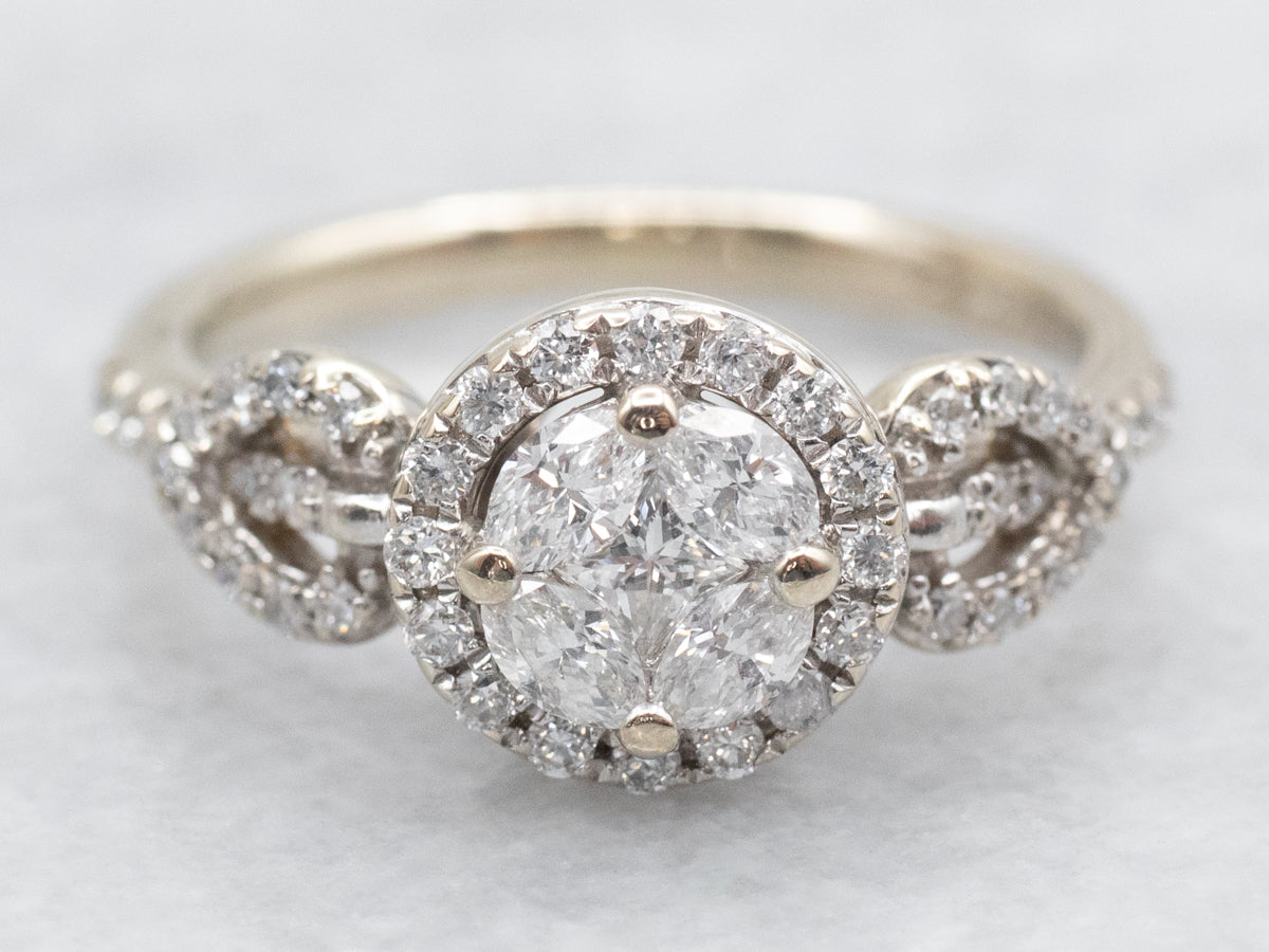 Unique Mix Cut Modern Diamond Halo Engagement Ring