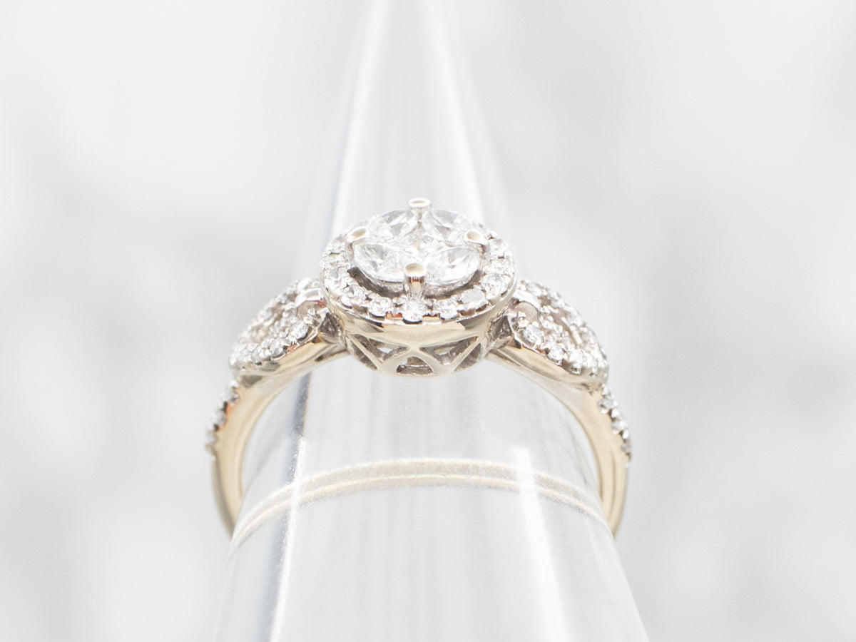 Unique Mix Cut Modern Diamond Halo Engagement Ring