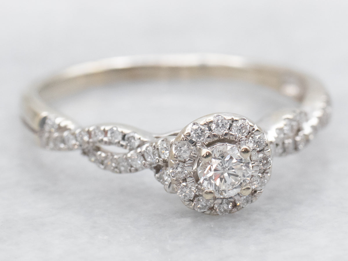 Twisting Modern Gold Diamond Halo Engagement Ring