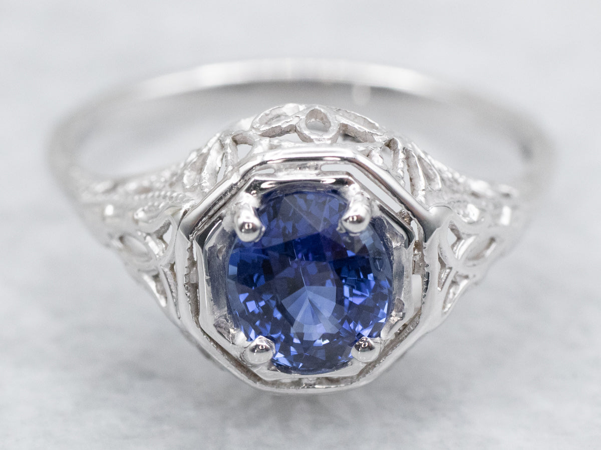 Anillo de compromiso con solitario de zafiro Art Déco