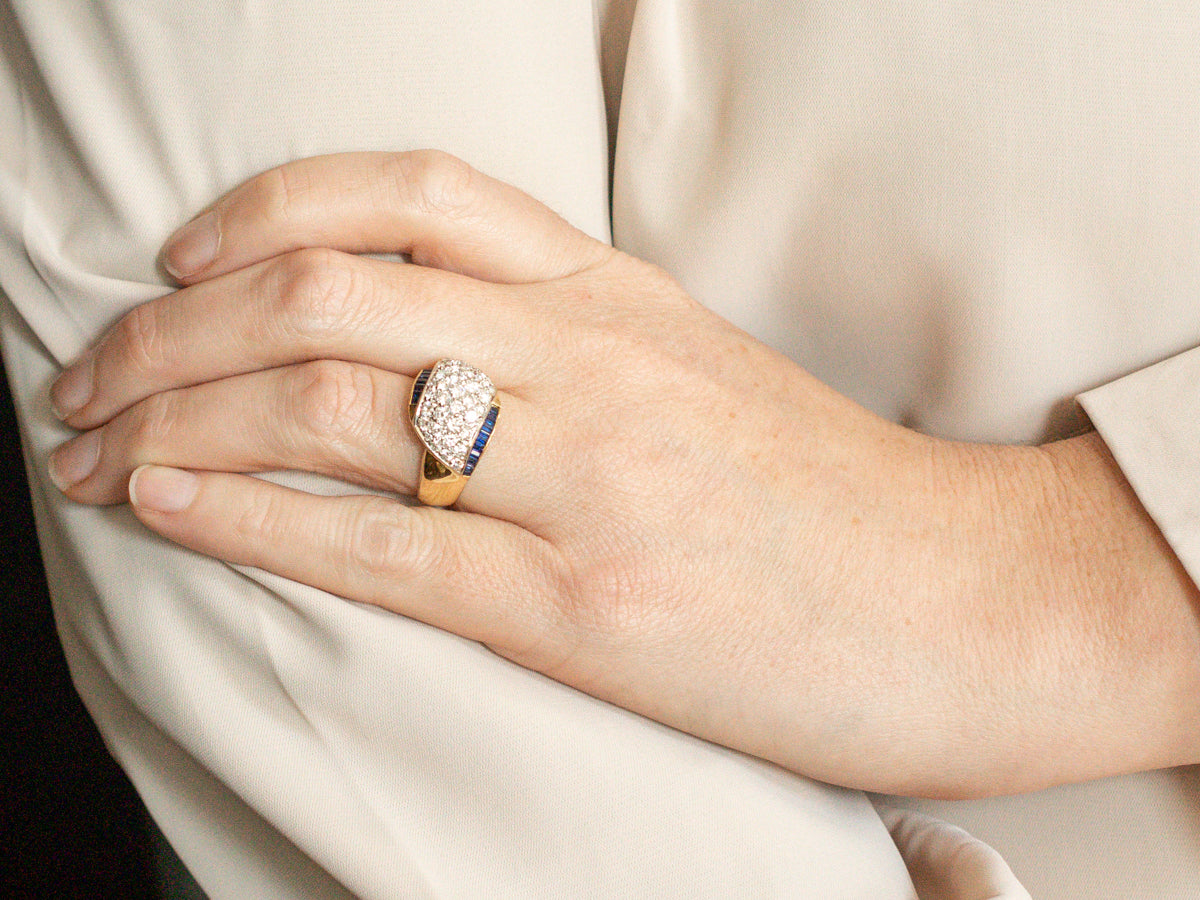 Modern Gold Diamond and Sapphire Dome Cocktail Ring