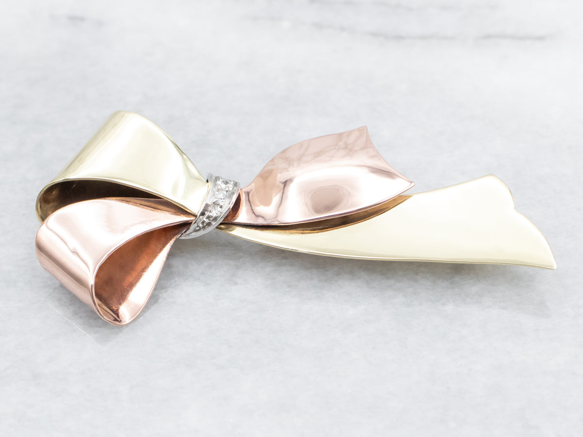 Vintage Sweet Gold Diamond Bow Brooch