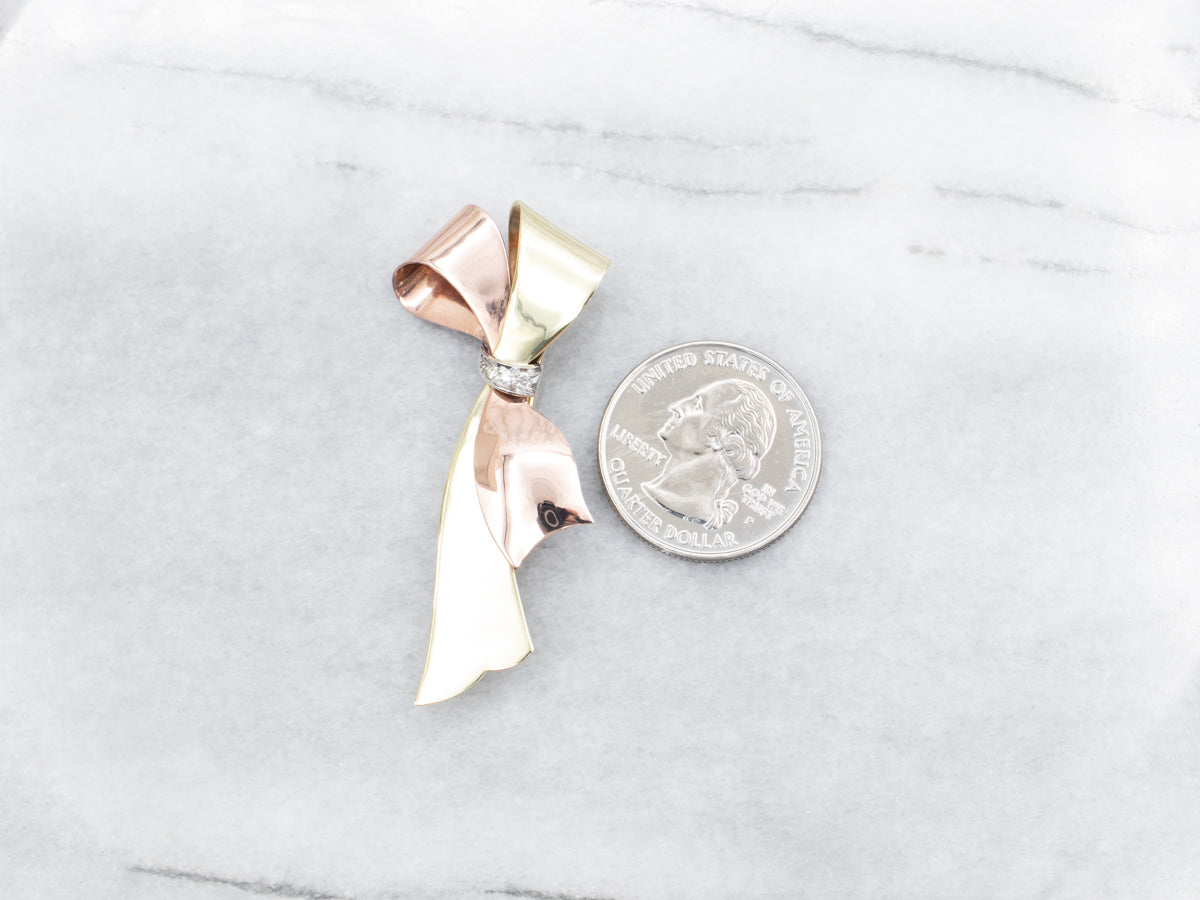 Vintage Sweet Gold Diamond Bow Brooch