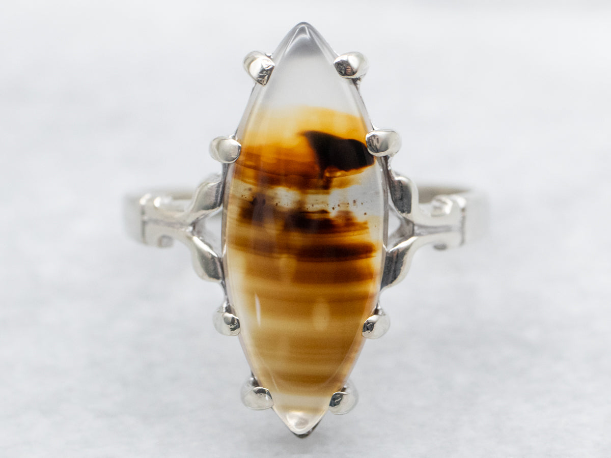 White Gold Banded Agate Cabochon Ring