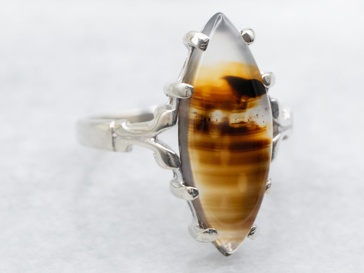 White Gold Banded Agate Cabochon Ring