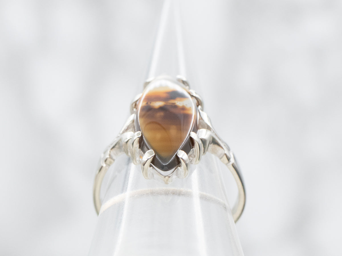 White Gold Banded Agate Cabochon Ring