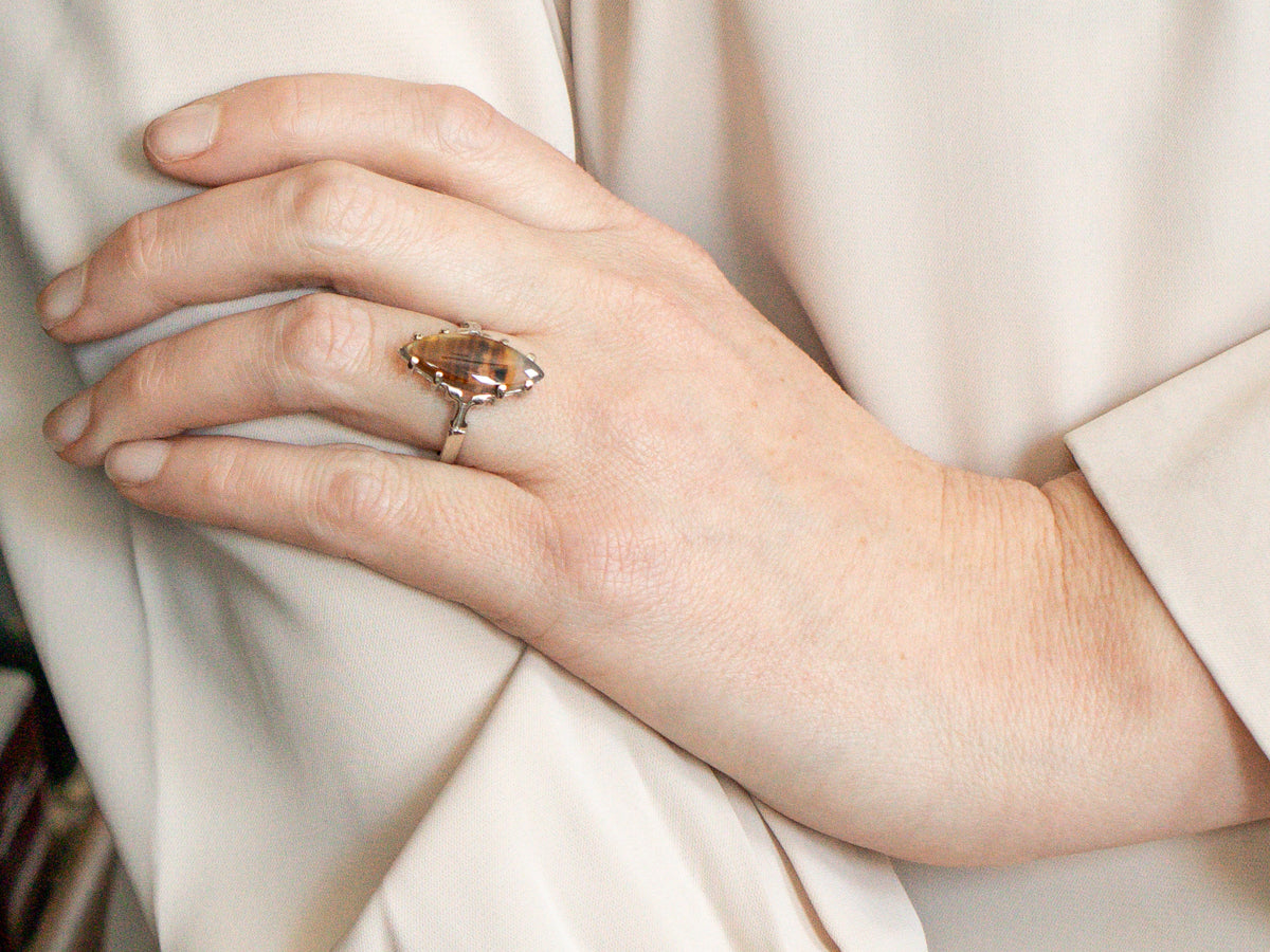 White Gold Banded Agate Cabochon Ring