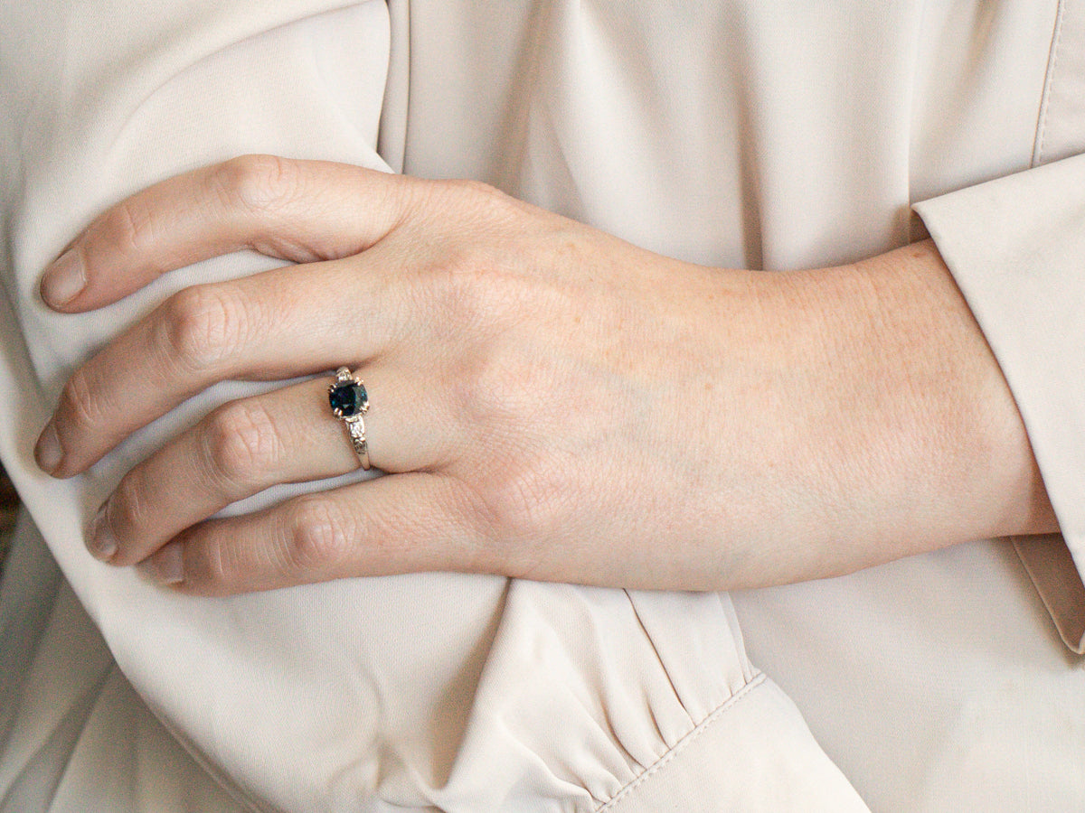 Retro Era Cushion Cut Sapphire and Diamond Engagement Ring