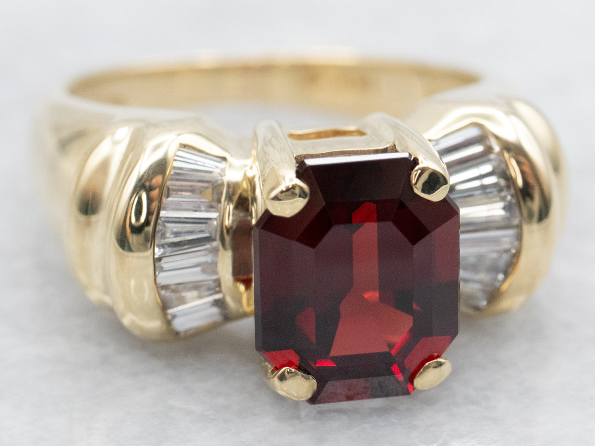 Modern Gold Garnet Cocktail Ring with Baguette Diamonds
