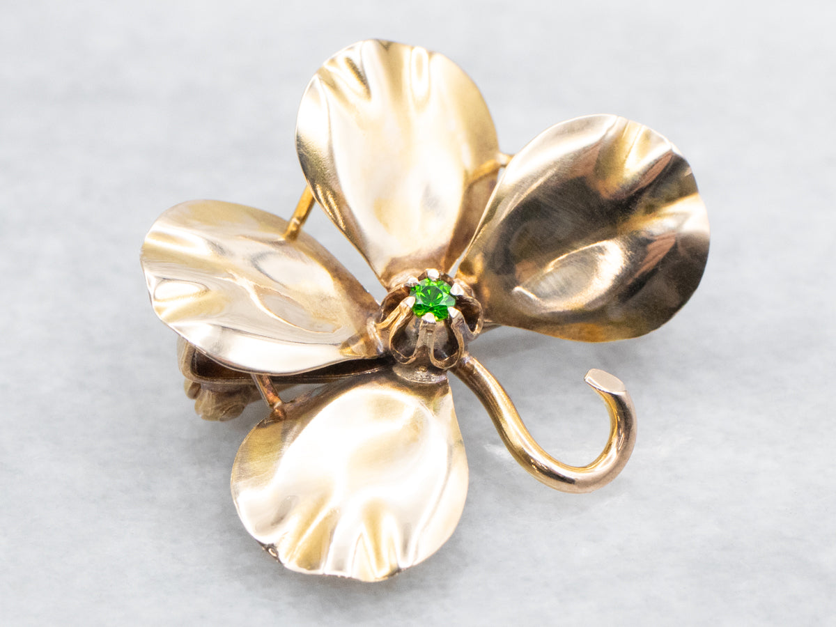 Antique Four Leaf Clover Green Garnet Brooch