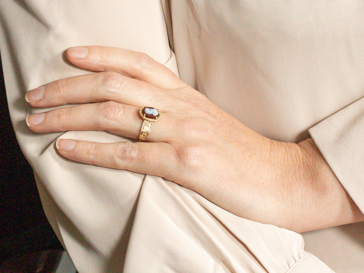 Victorian Sardonyx Cameo Greek-Key Pattern Ring
