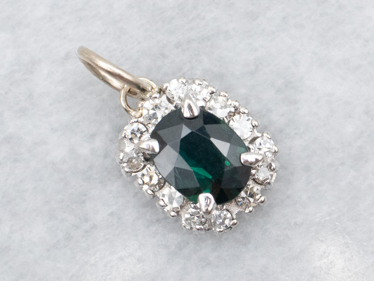 White Gold Sapphire Pendant with Diamond Halo