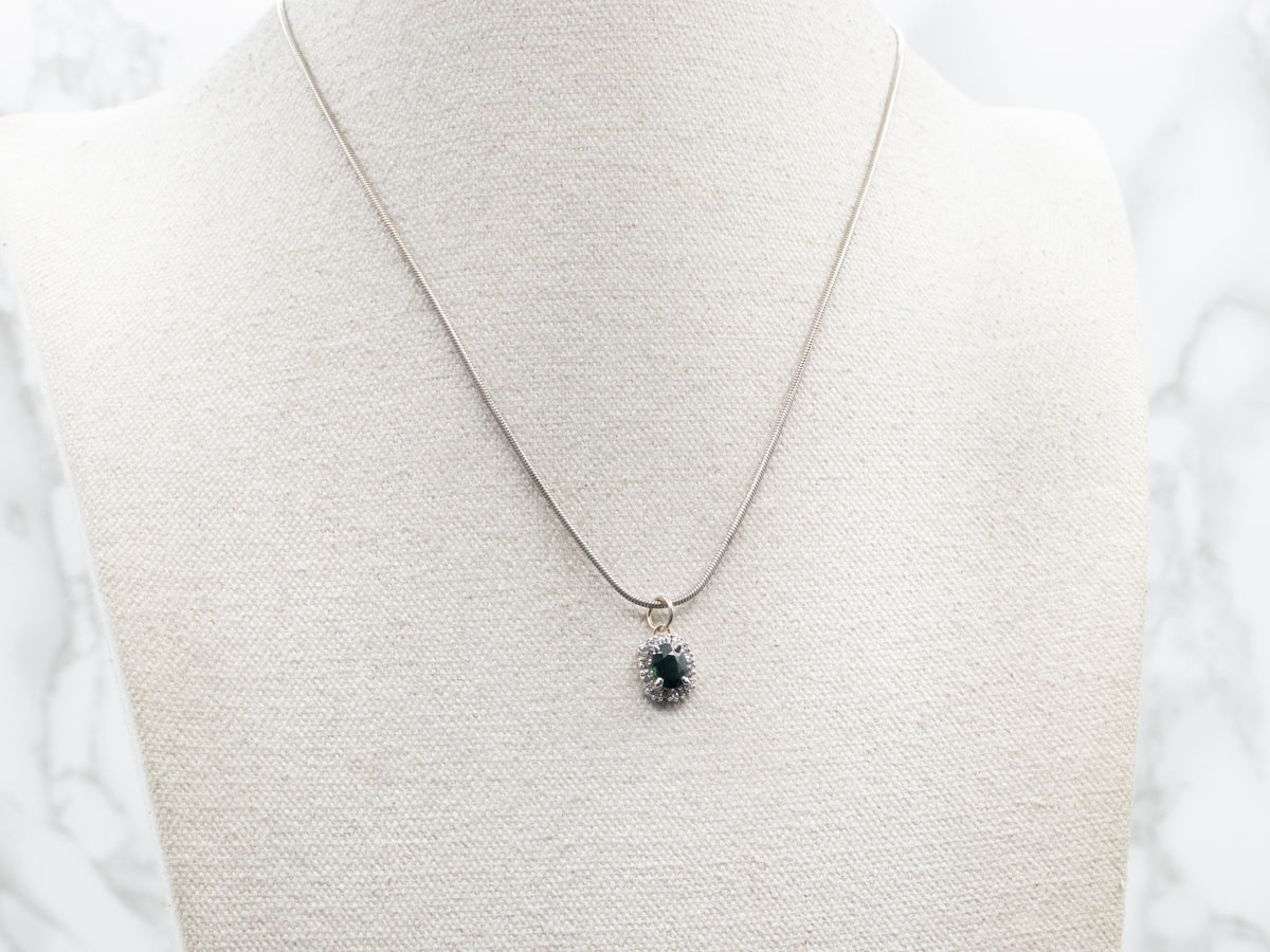 White Gold Sapphire Pendant with Diamond Halo