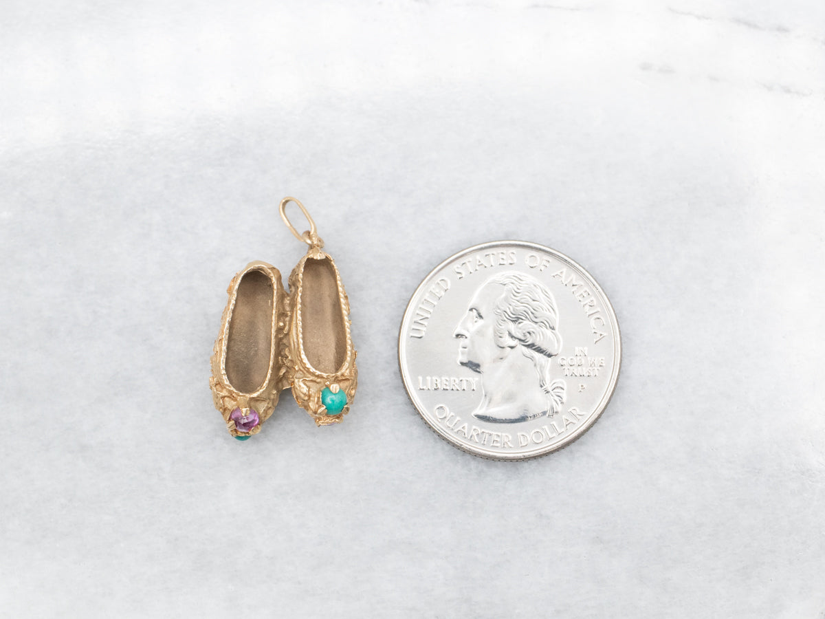 Vintage Turquoise and Ruby Ornate Gold Slippers Charm or Pendant