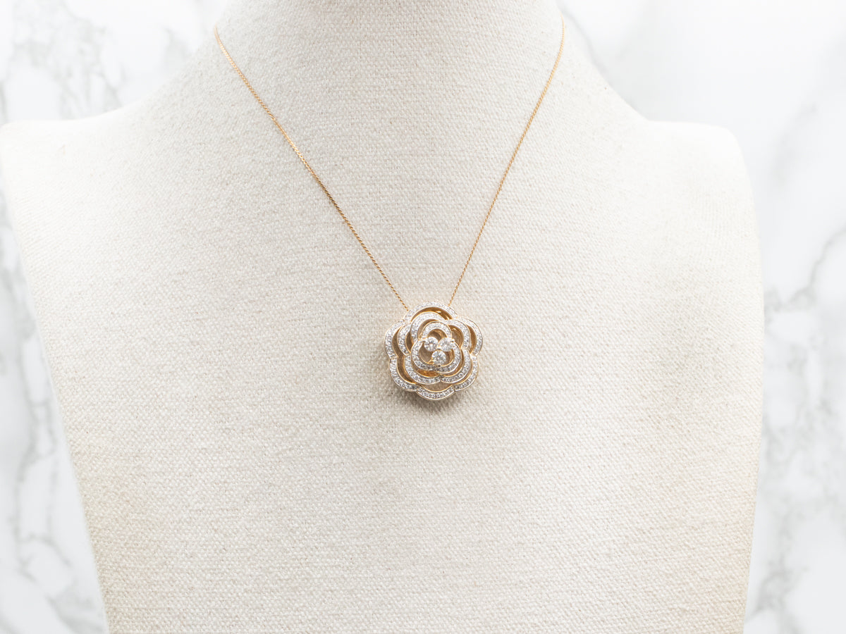 Stunning Gold Diamond Rose Blossom Pendant