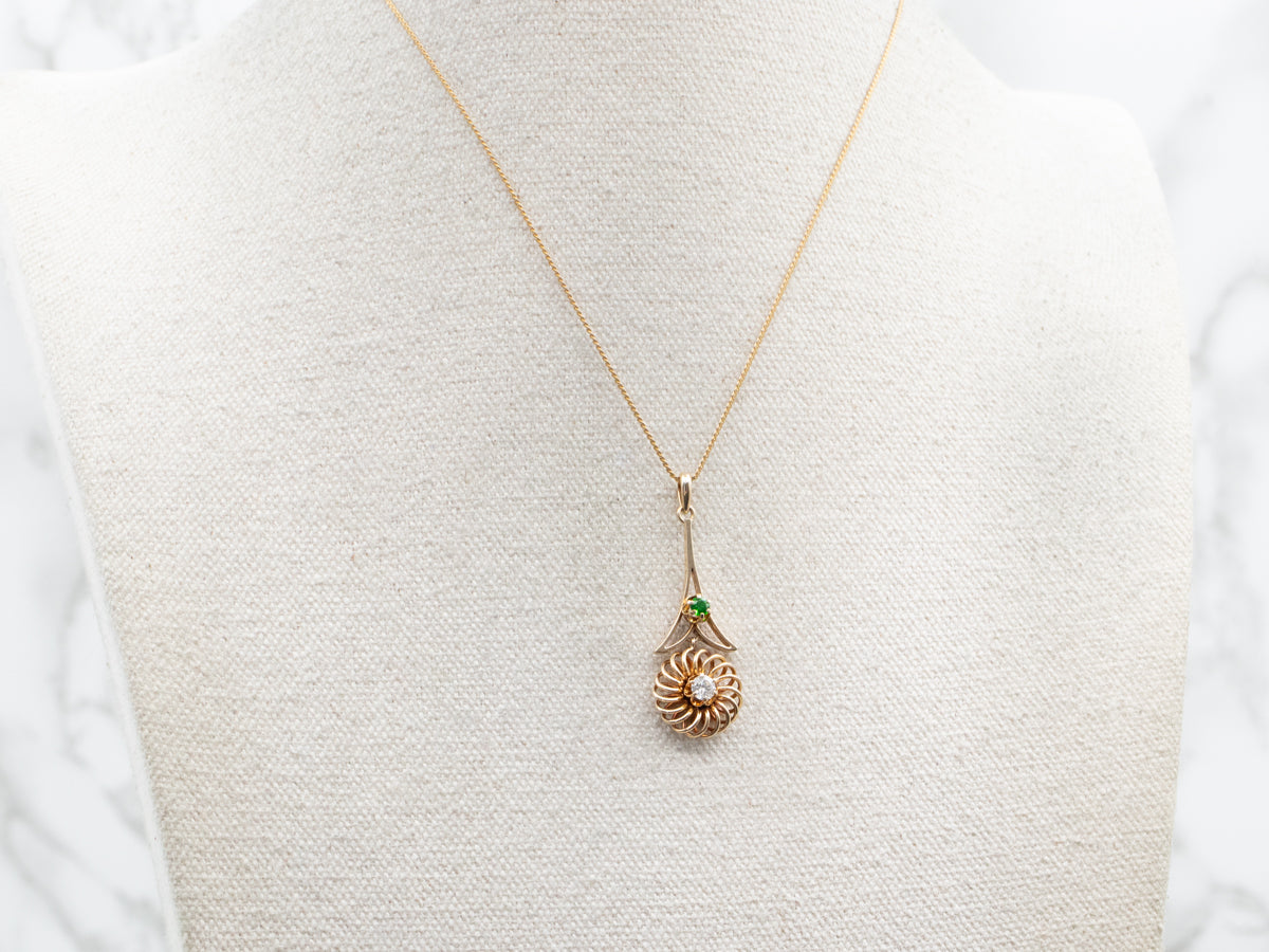 Yellow Gold Diamond and Green Garnet Lavalier Pendant