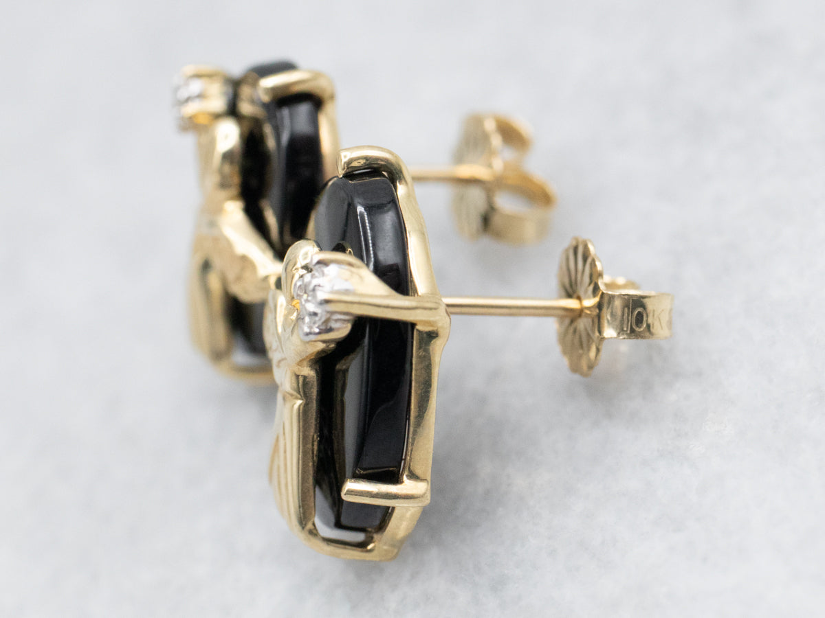 Yellow Gold Black Onyx and Diamond Stud Earrings with Angel